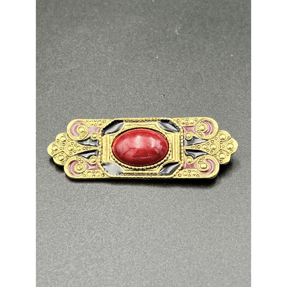1928 Company Vintage Art Deco Style Red Cabochon Gold Tone Enamel‎ Brooch 2.25"